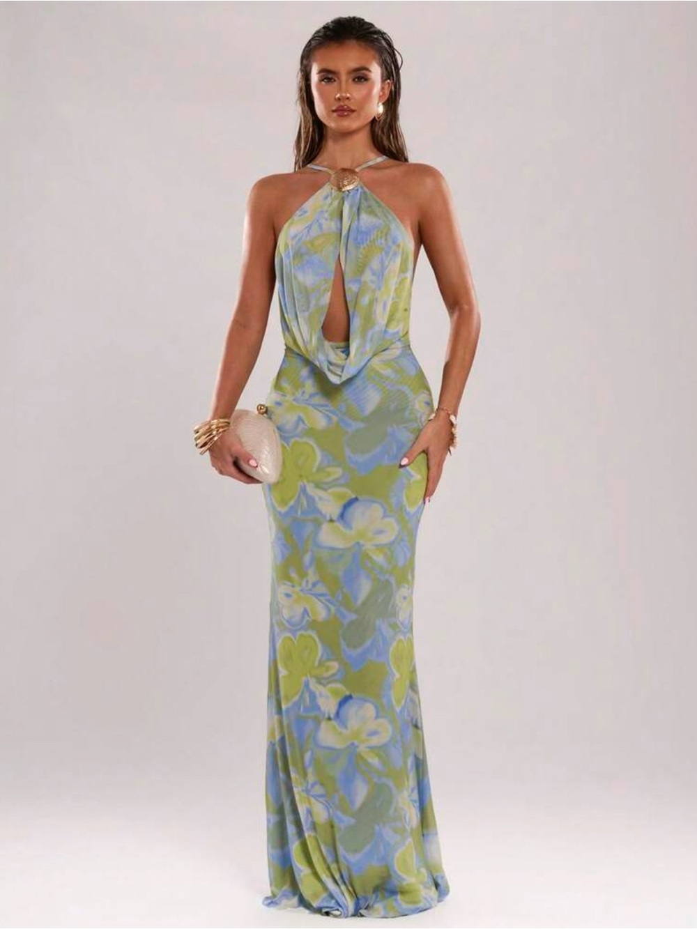 SHEIN Lime Green & Sky Blue Floral Halter Maxi Dress